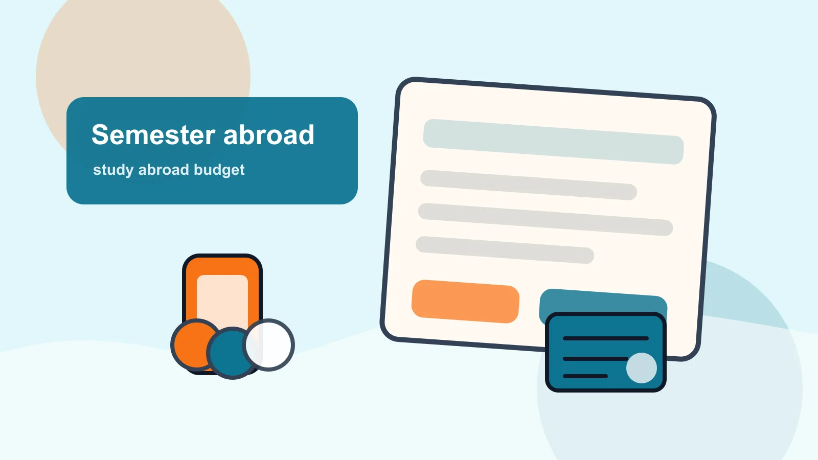 Passport, student notebook, transit card, suitcase tag, phone plan note, and coins on a study desk