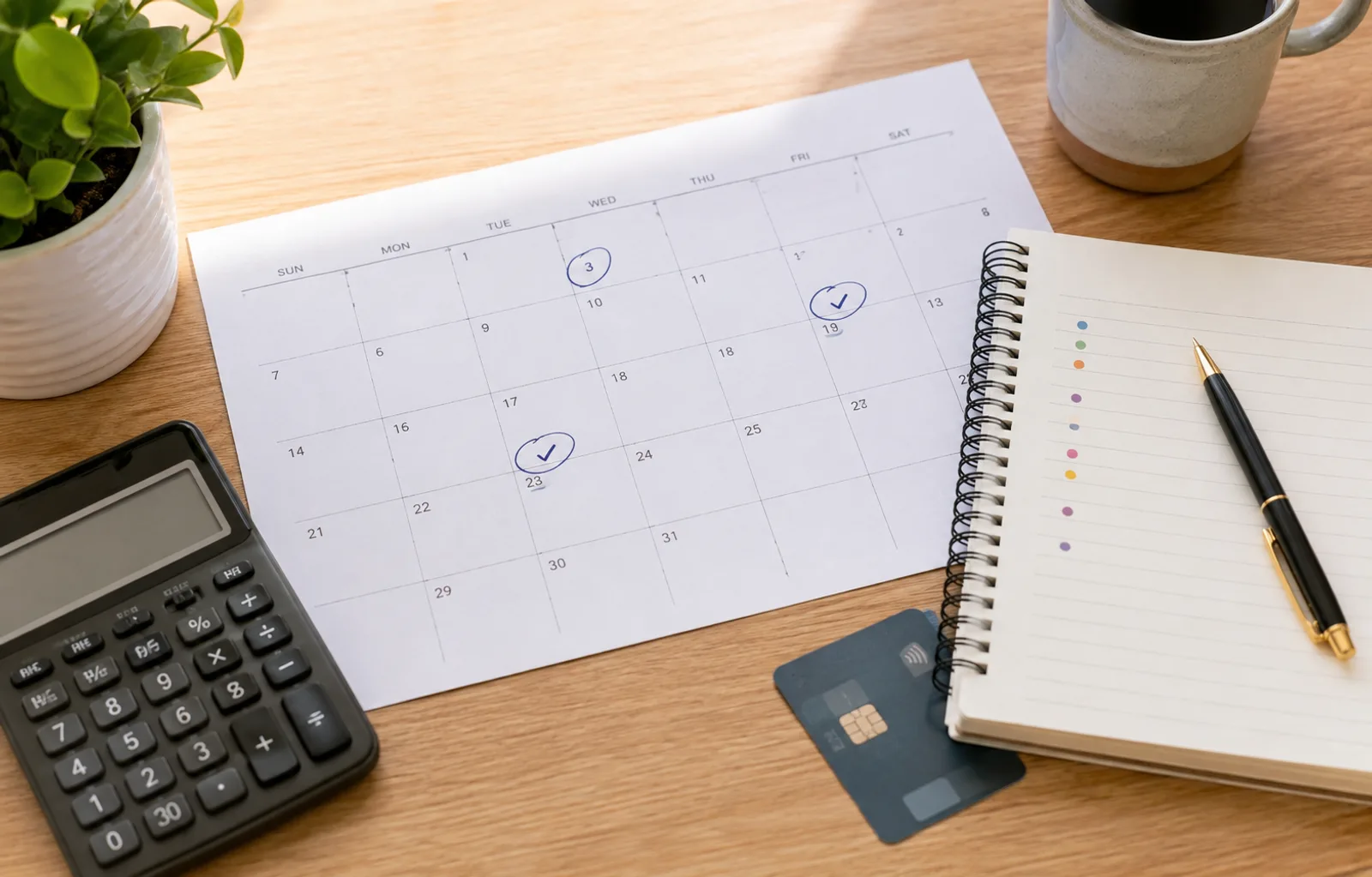 Desk calendar with three circled payday dates beside a notebook, calculator, and debit card for planning an extra paycheck