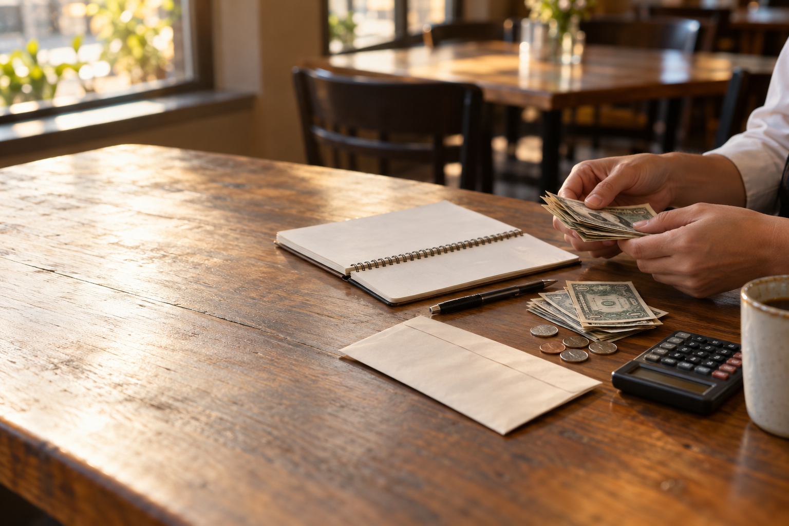 Hands sorting cash tips beside a blank shift notebook, payroll envelope, pen, and calculator at a cafe table