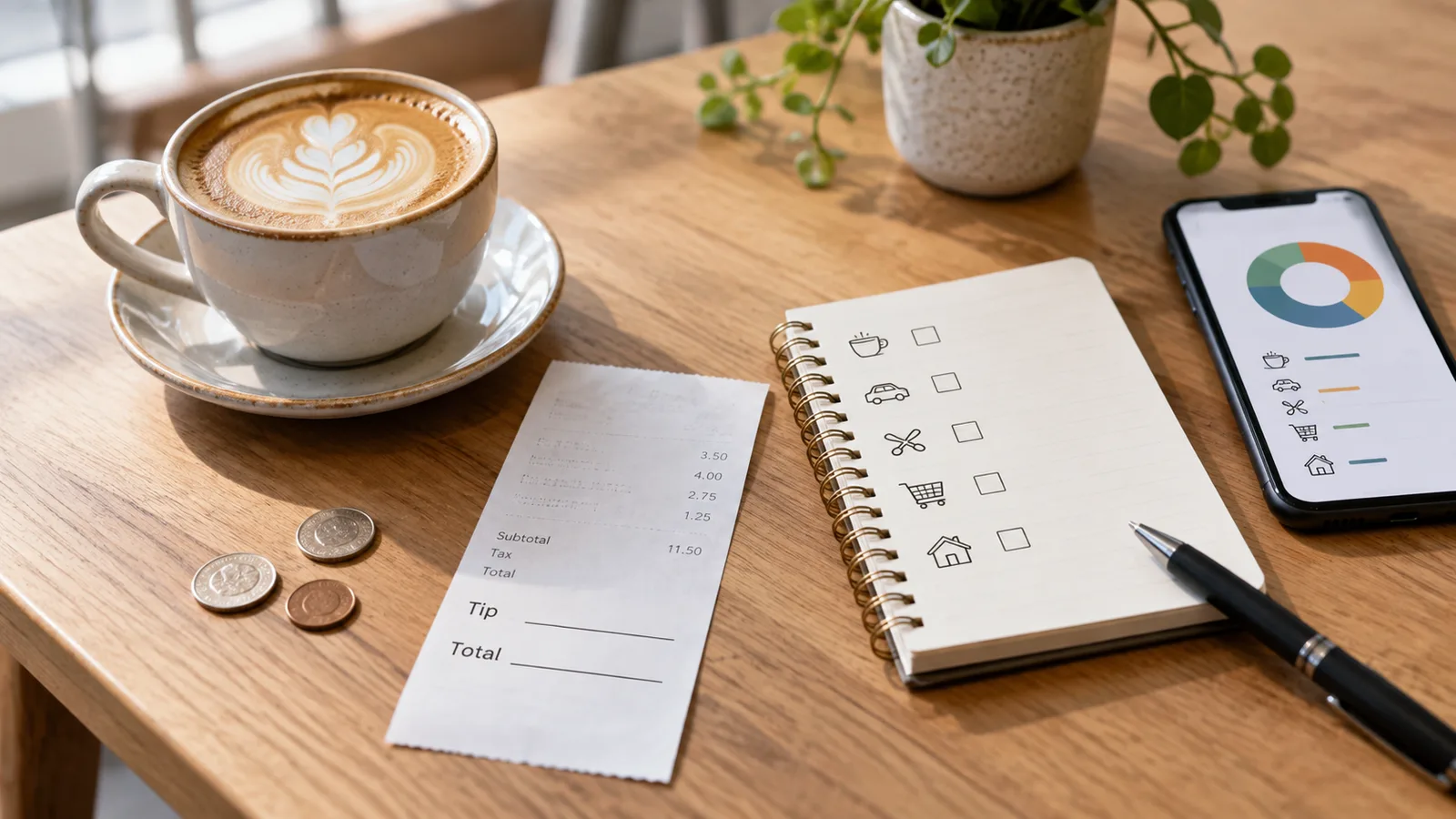 Cafe receipt with a blank tip line beside coins, a pen, notebook, and phone on a table