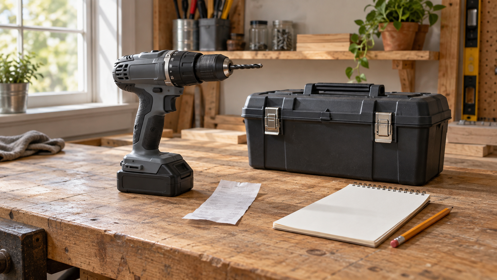 Generic cordless drill and compact toolbox beside a blank notepad, pencil, and paper receipt on a sunlit workbench