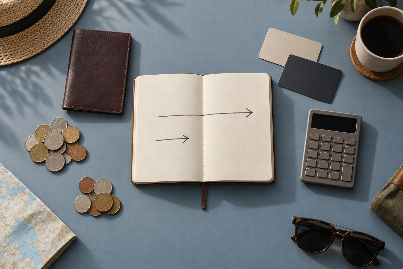 Two piles of coins, blank cards, calculator, and open notebook with arrows on a travel-themed tabletop
