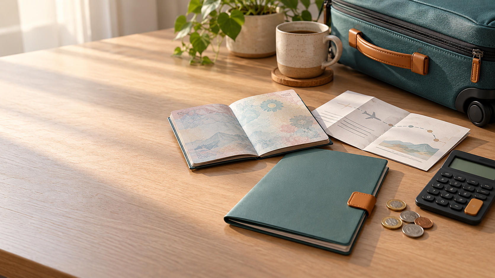 Passport, itinerary, blank policy folder, calculator, coins, and small suitcase arranged on a desk