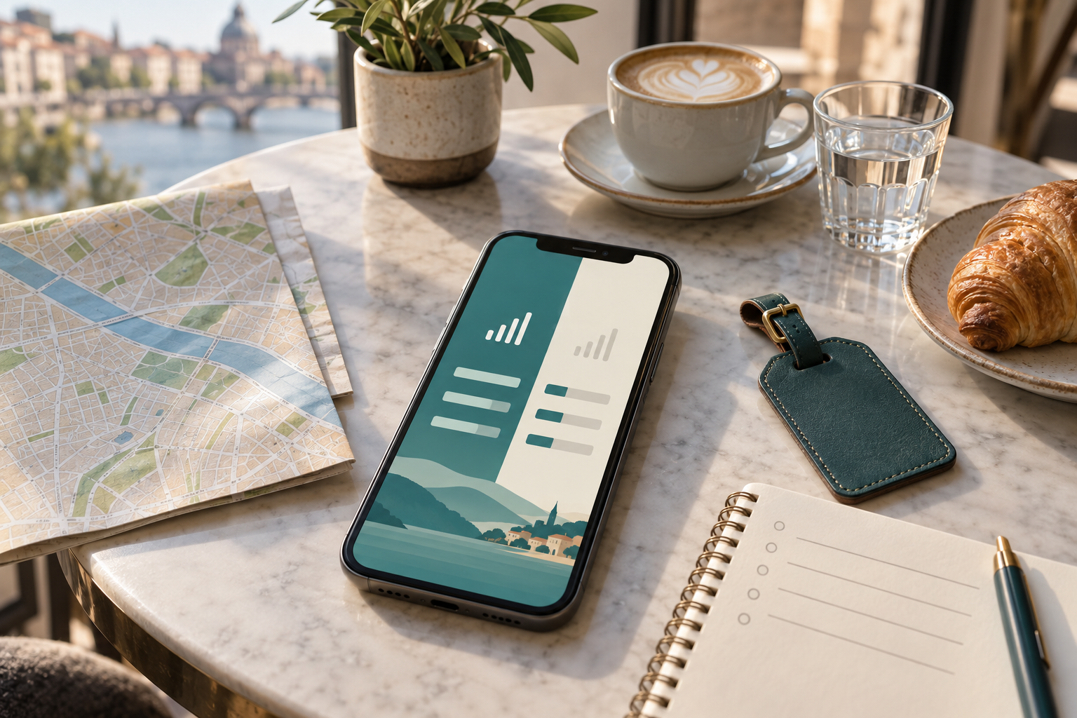 Traveler comparing mobile connectivity options on a smartphone beside a blank travel notebook, luggage tag, and paper map
