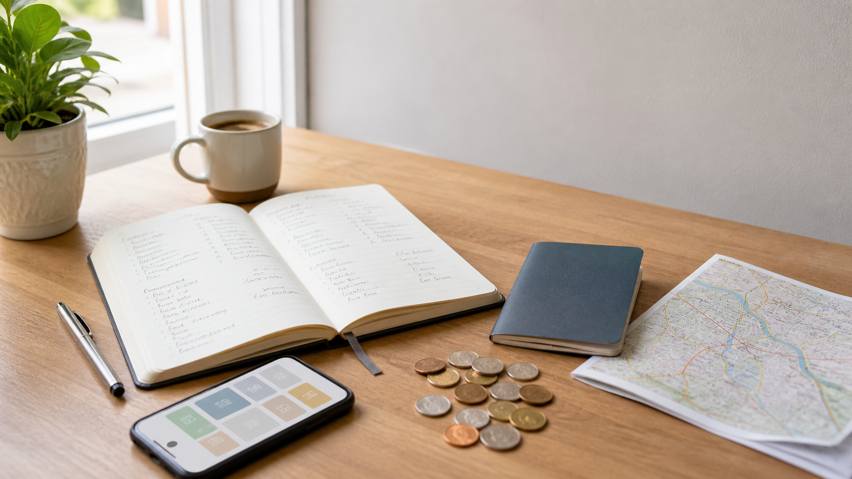 Notebook, phone, coins, and travel items arranged on a bright desk for planning a trip savings fund