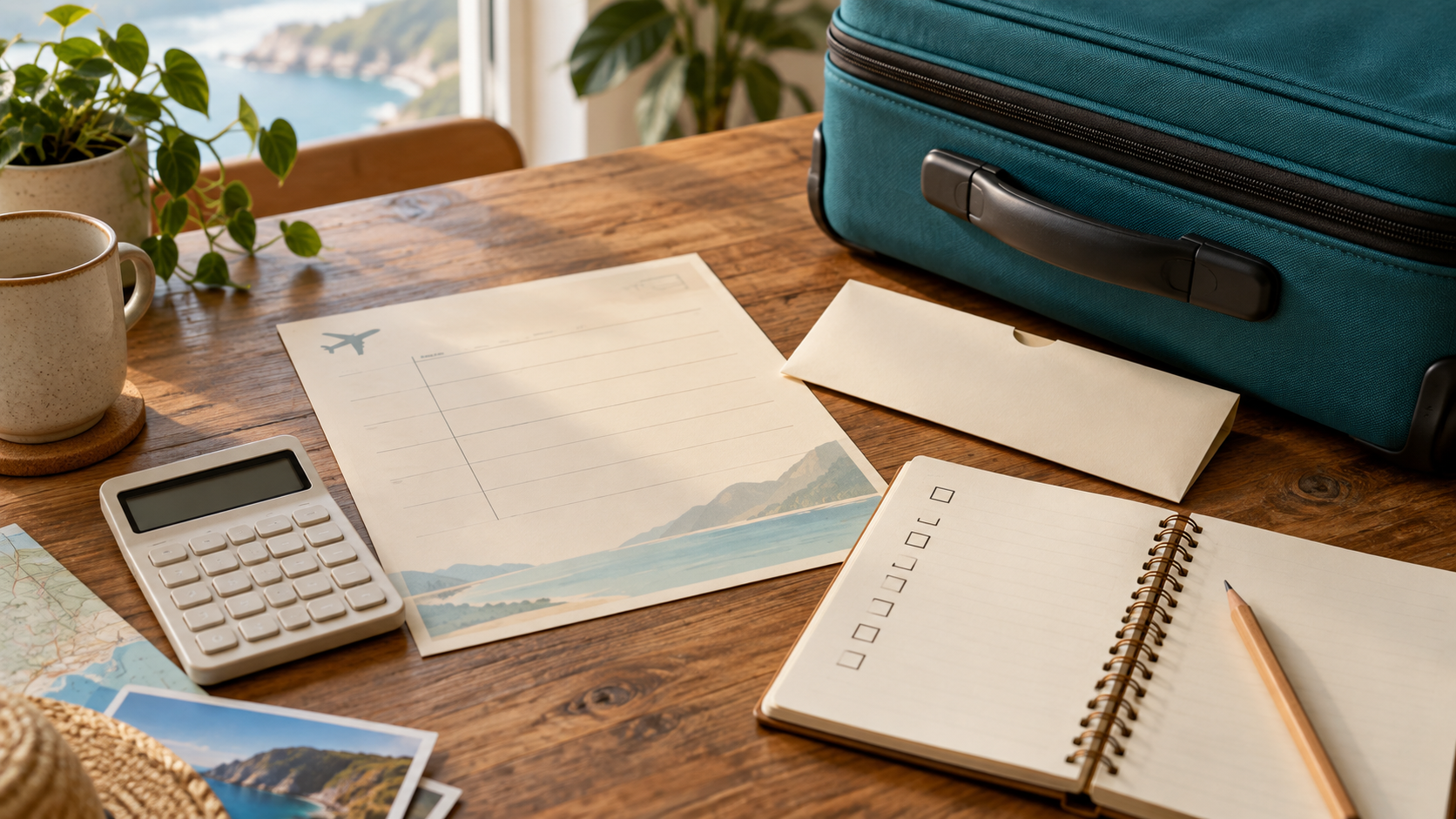 Blank travel itinerary, ticket sleeve, calculator, and checklist notebook beside a closed suitcase on a wooden desk