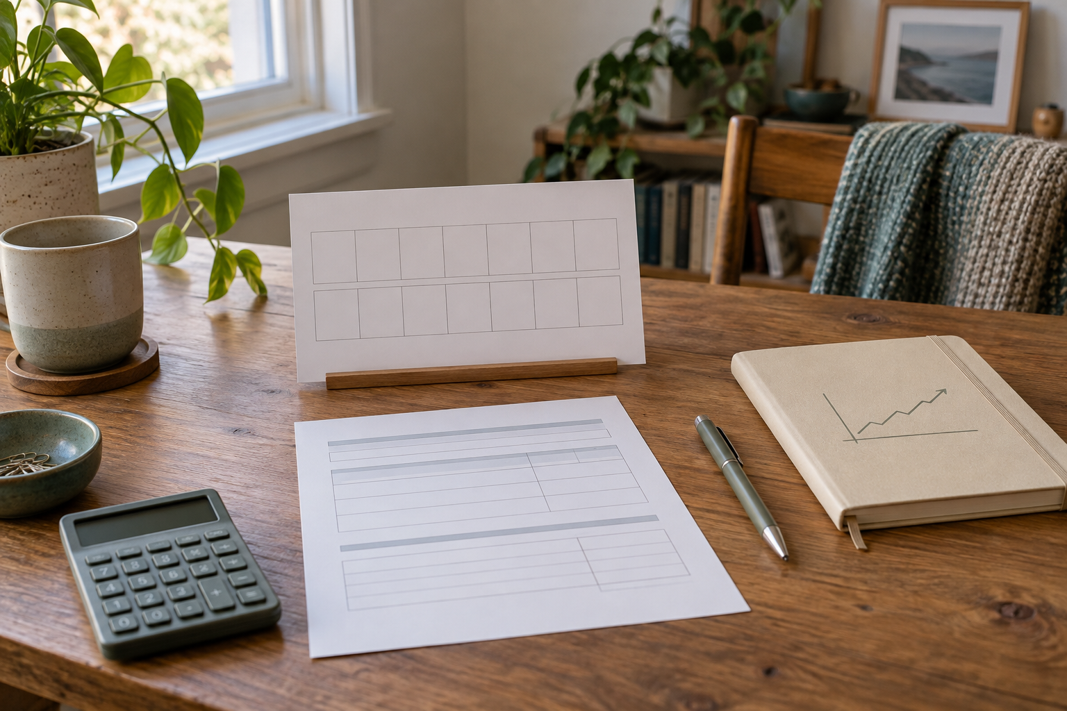 Blank two-week calendar, payslip, notebook, pen, and calculator on a softly lit home desk
