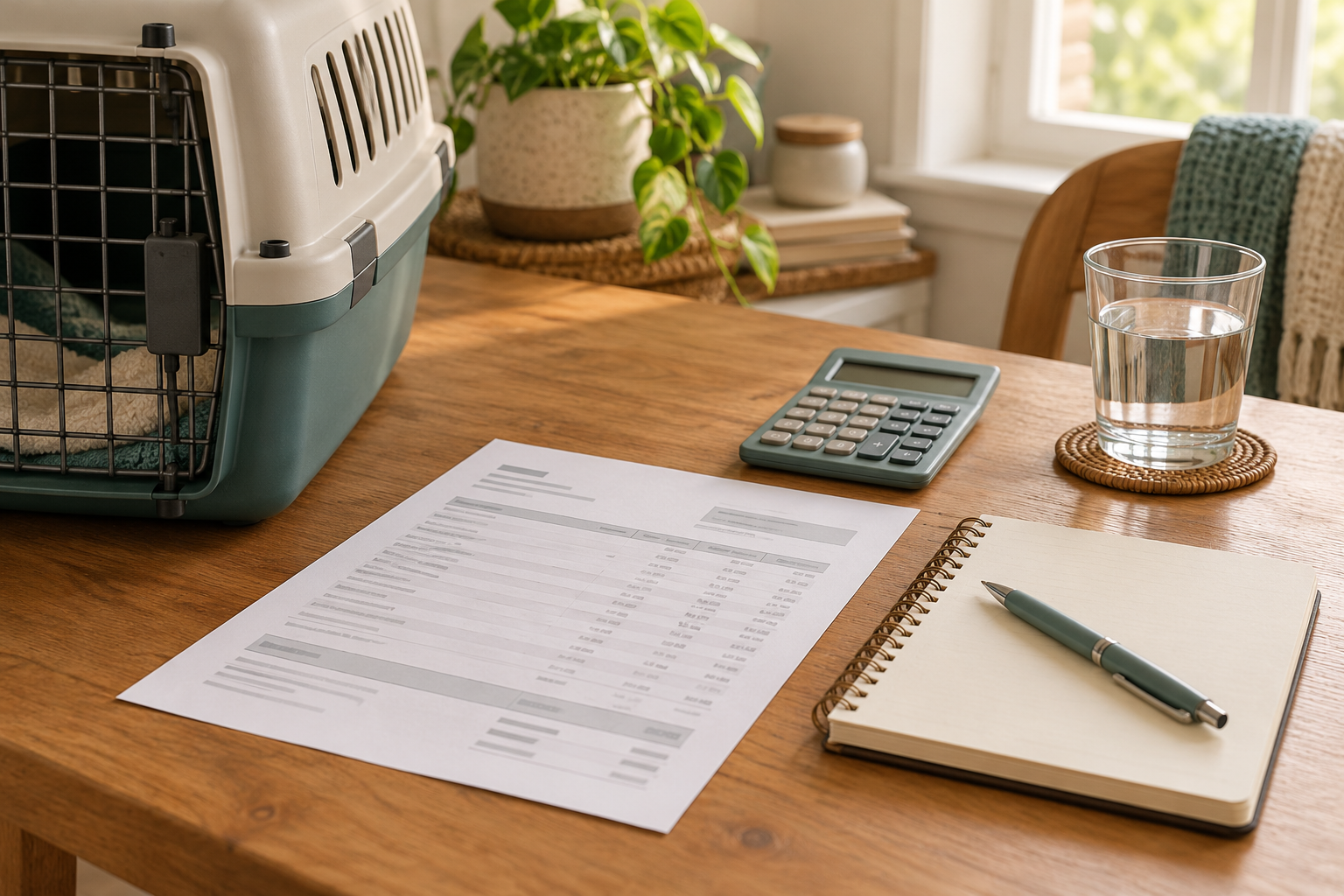 Pet carrier beside a notebook with a veterinary estimate, pen, and calculator on a quiet home desk