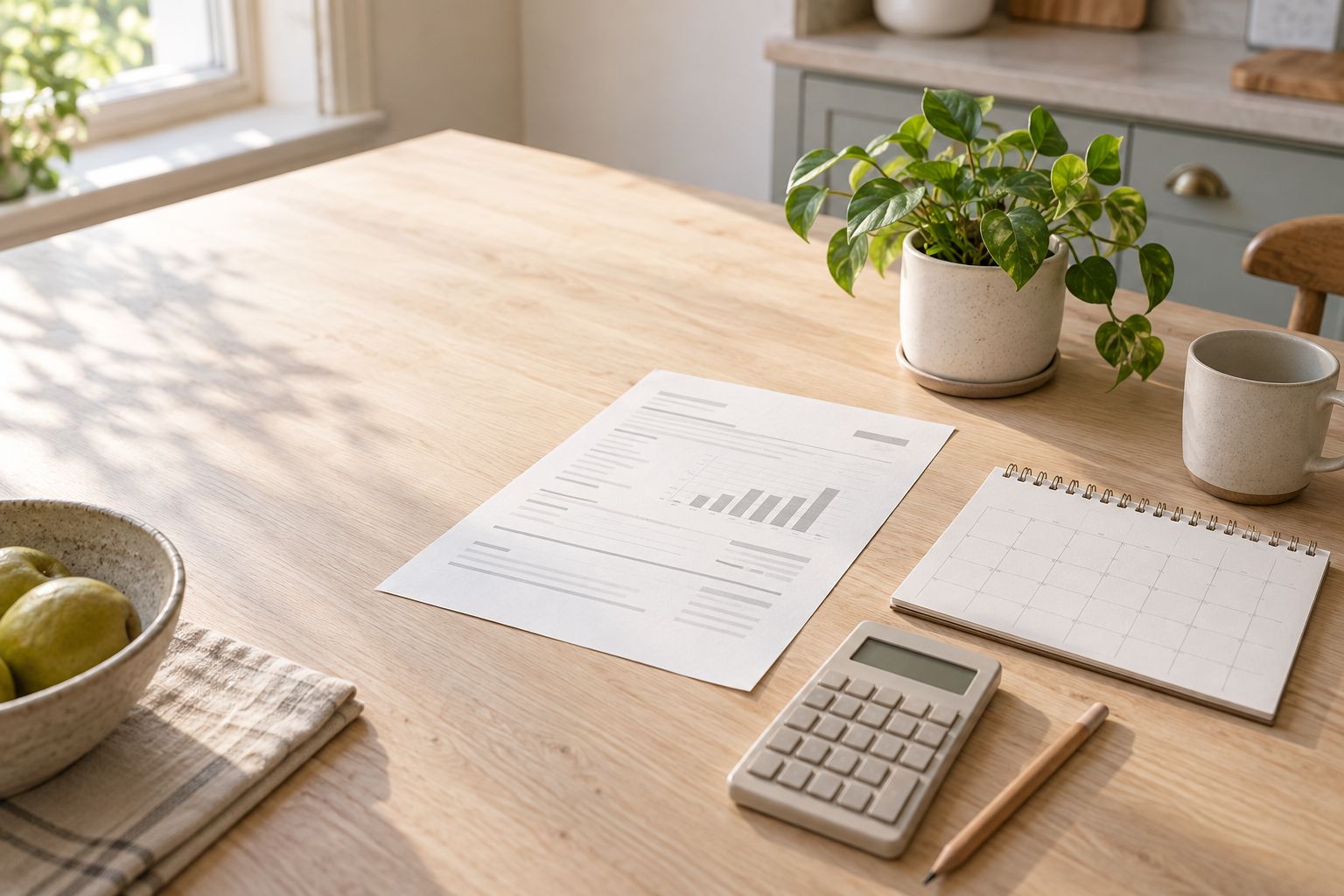 Unbranded utility bill, monthly calendar, calculator, and pencil on a sunlit kitchen table