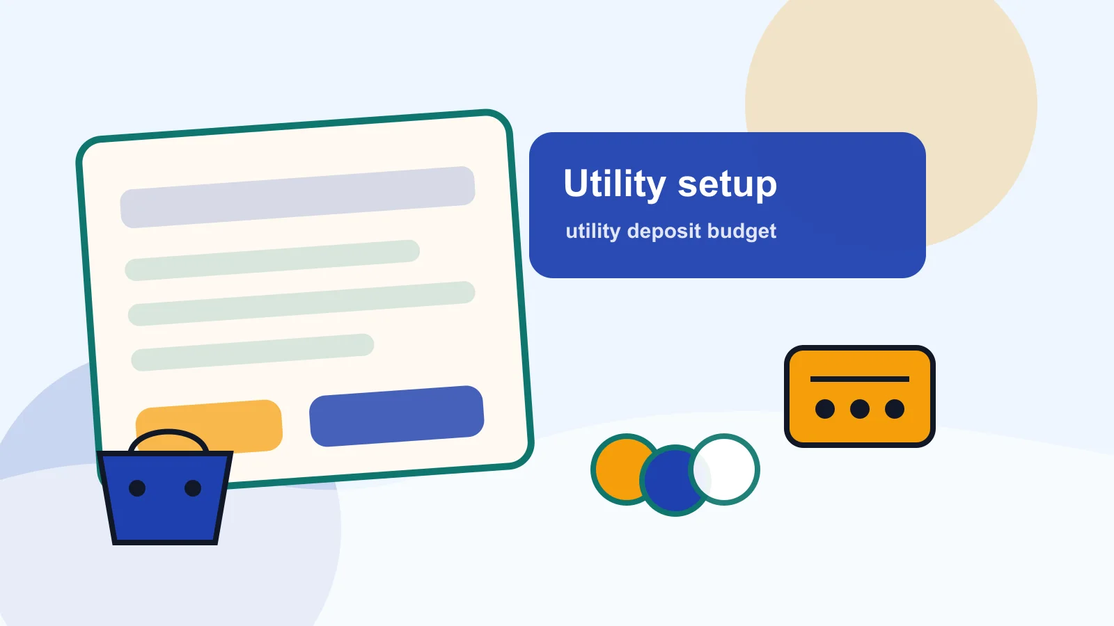 Move-in utility checklist with light bulb, router, water drop, key, deposit envelope, and calendar