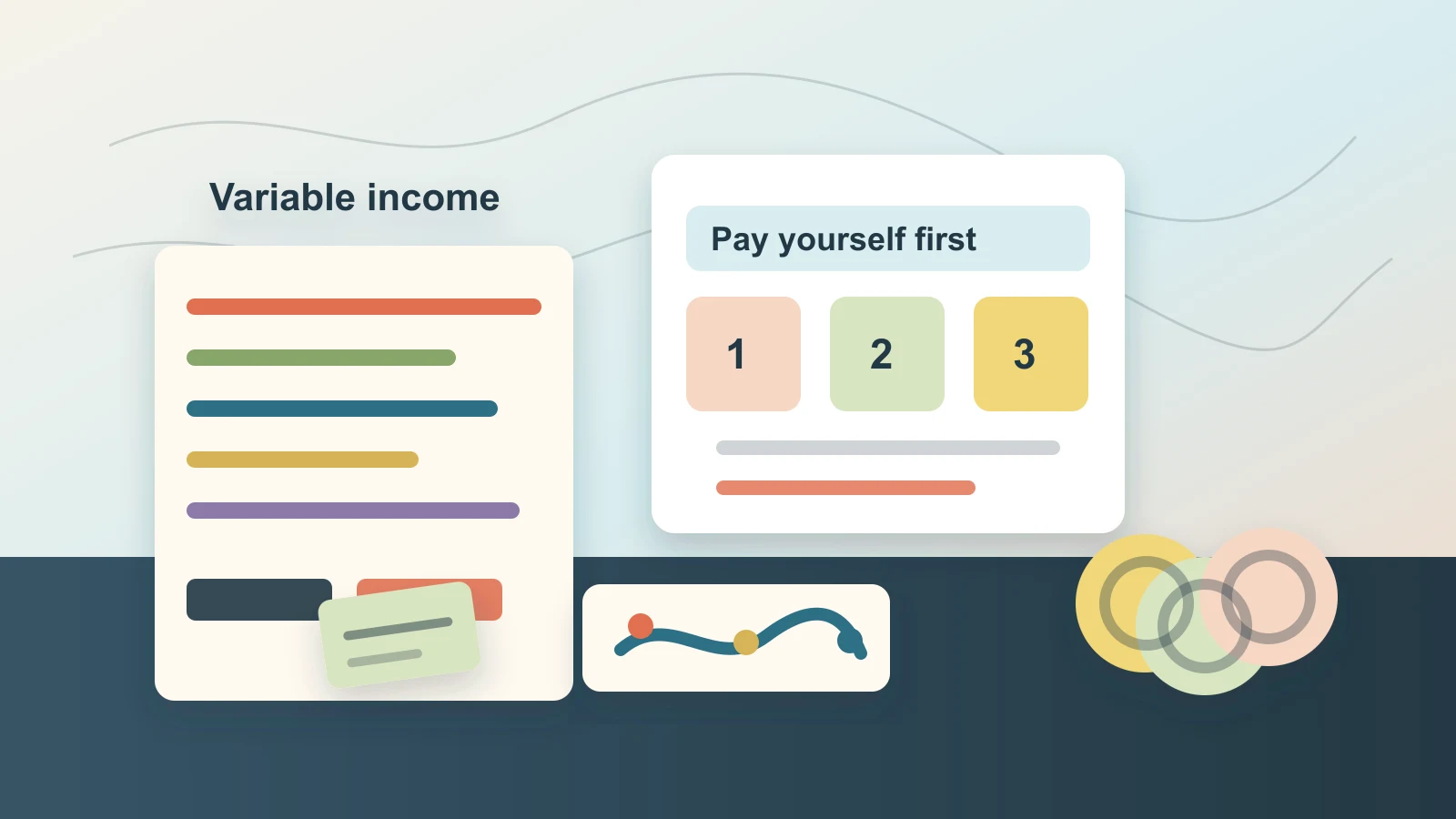 Desk with invoices, calendar blocks, coins, and a notebook for planning irregular income