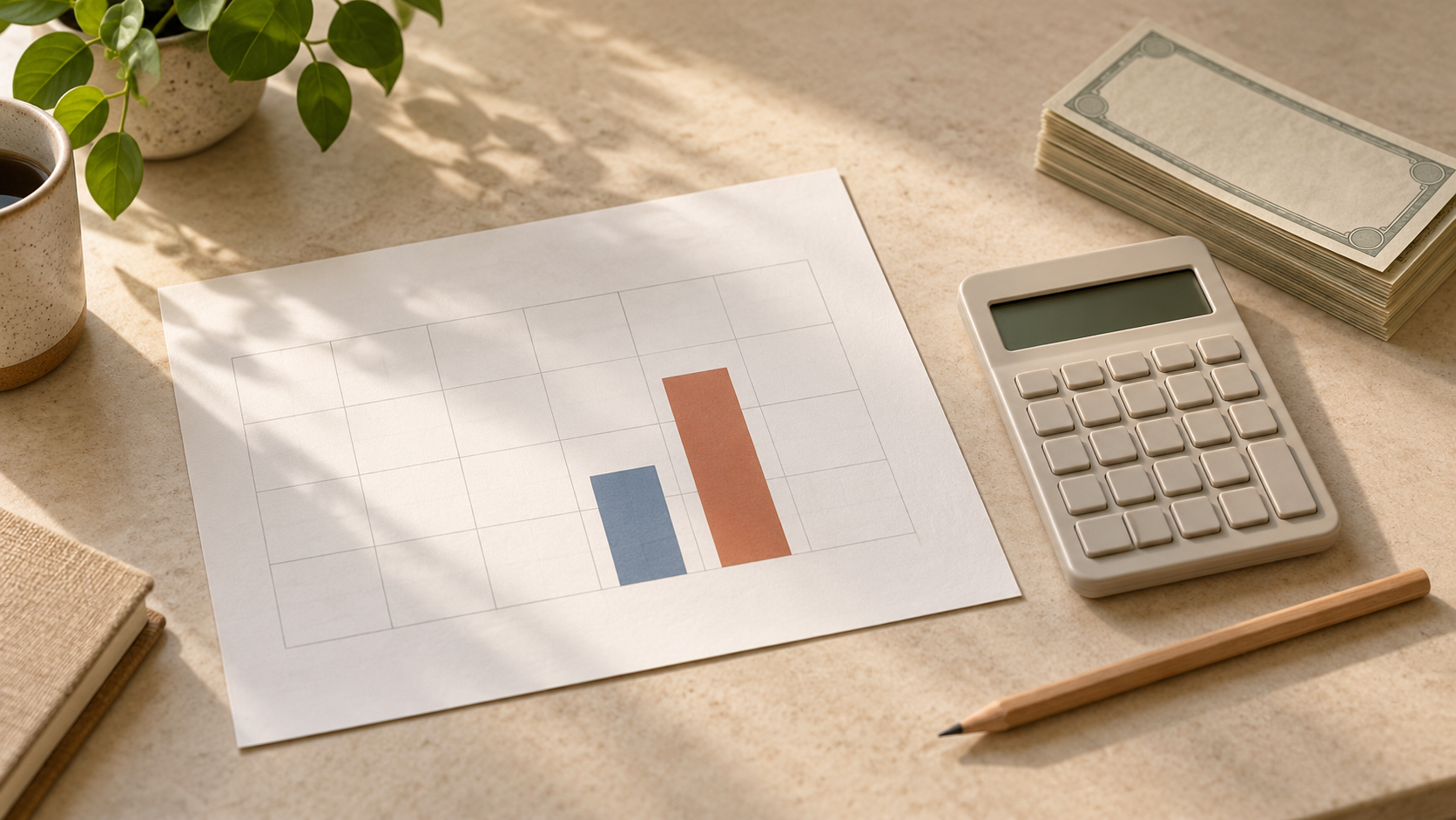 Two unequal blue and terracotta bars on an unmarked worksheet beside a calculator, pencil, and stack of bills