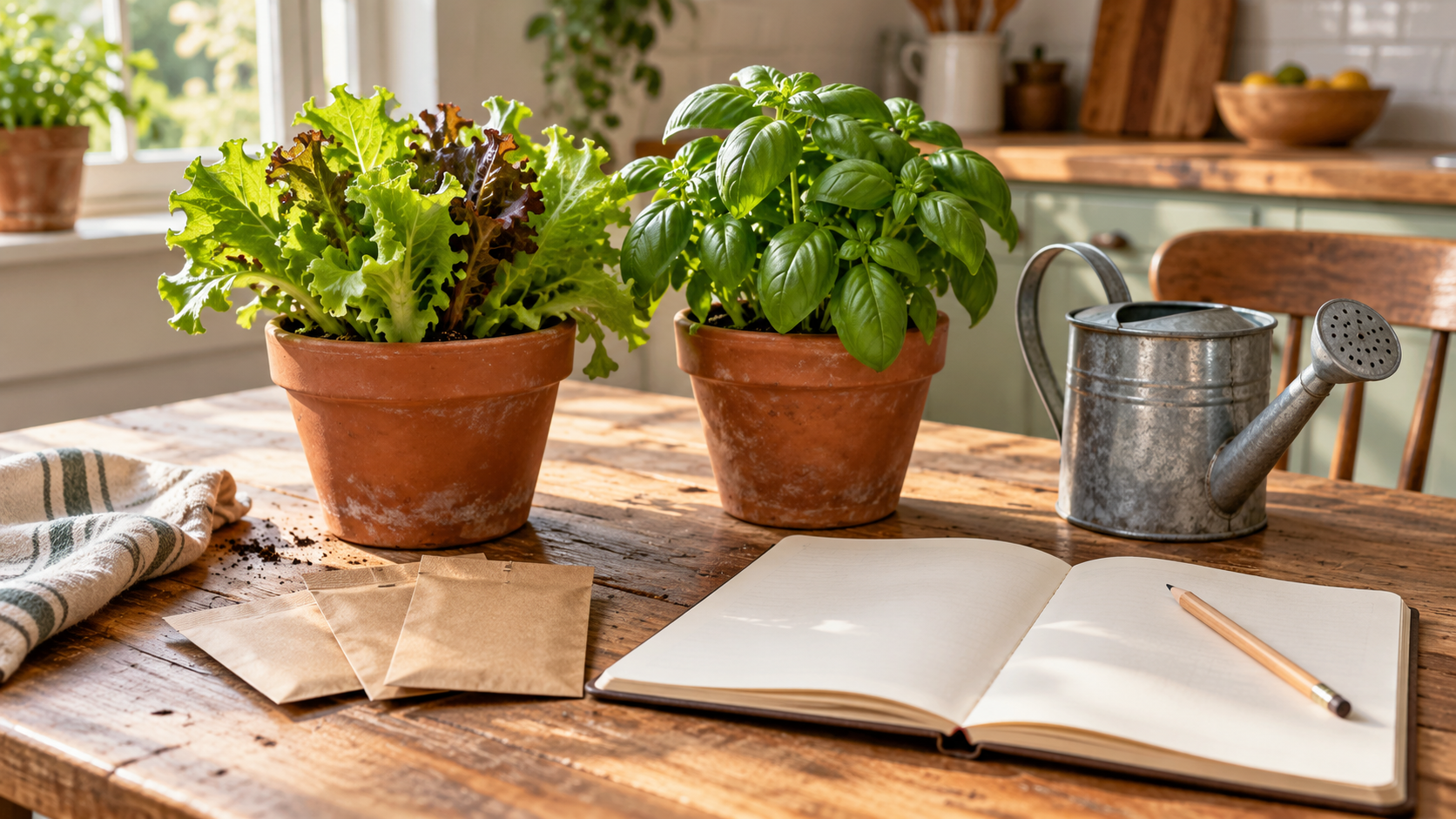Small pots of leafy vegetables and herbs beside seed packets, a watering can, notebook, and pencil on a sunlit table