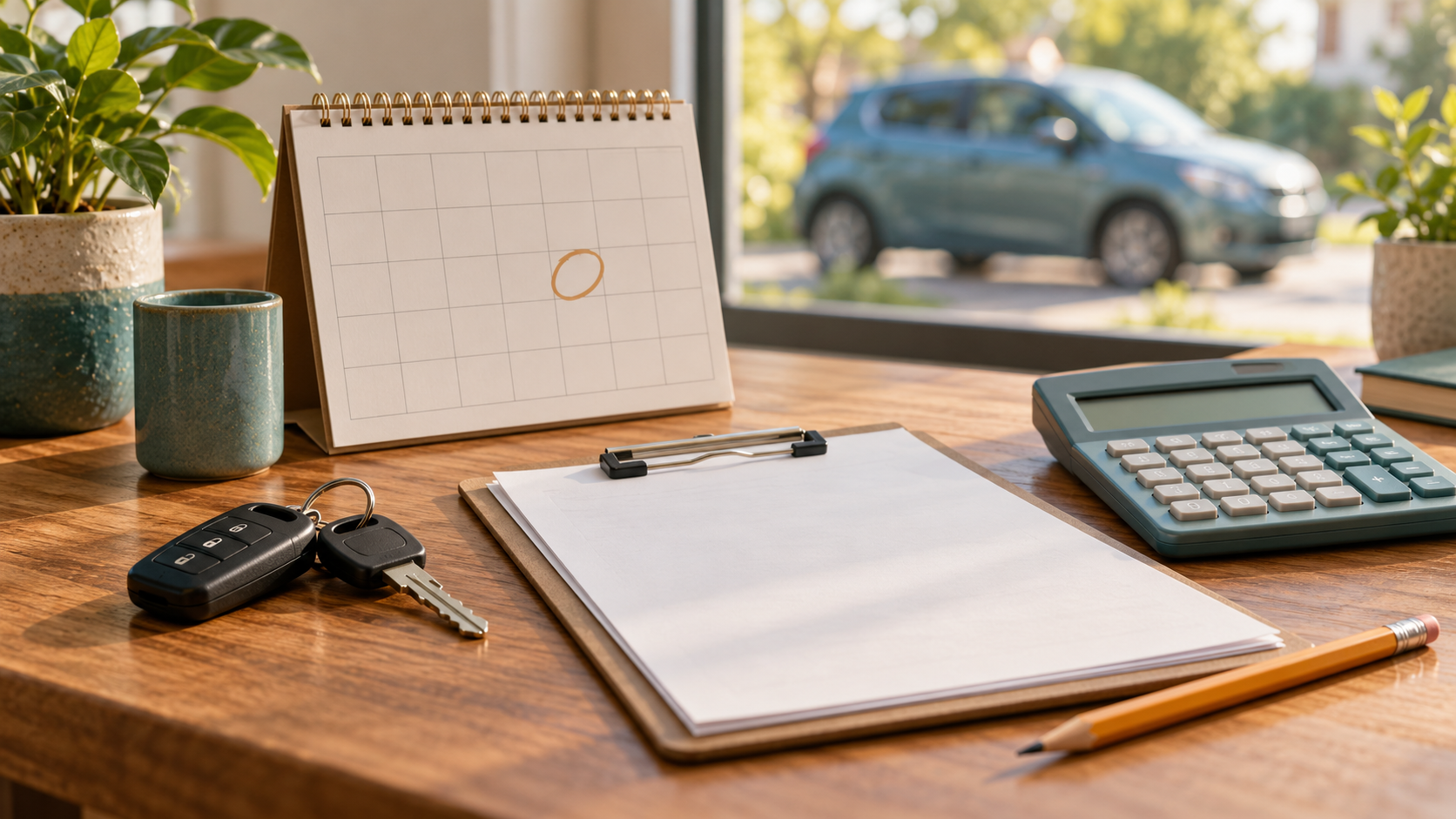 Car keys, blank vehicle paperwork, circled calendar date, pencil, and calculator on a desk