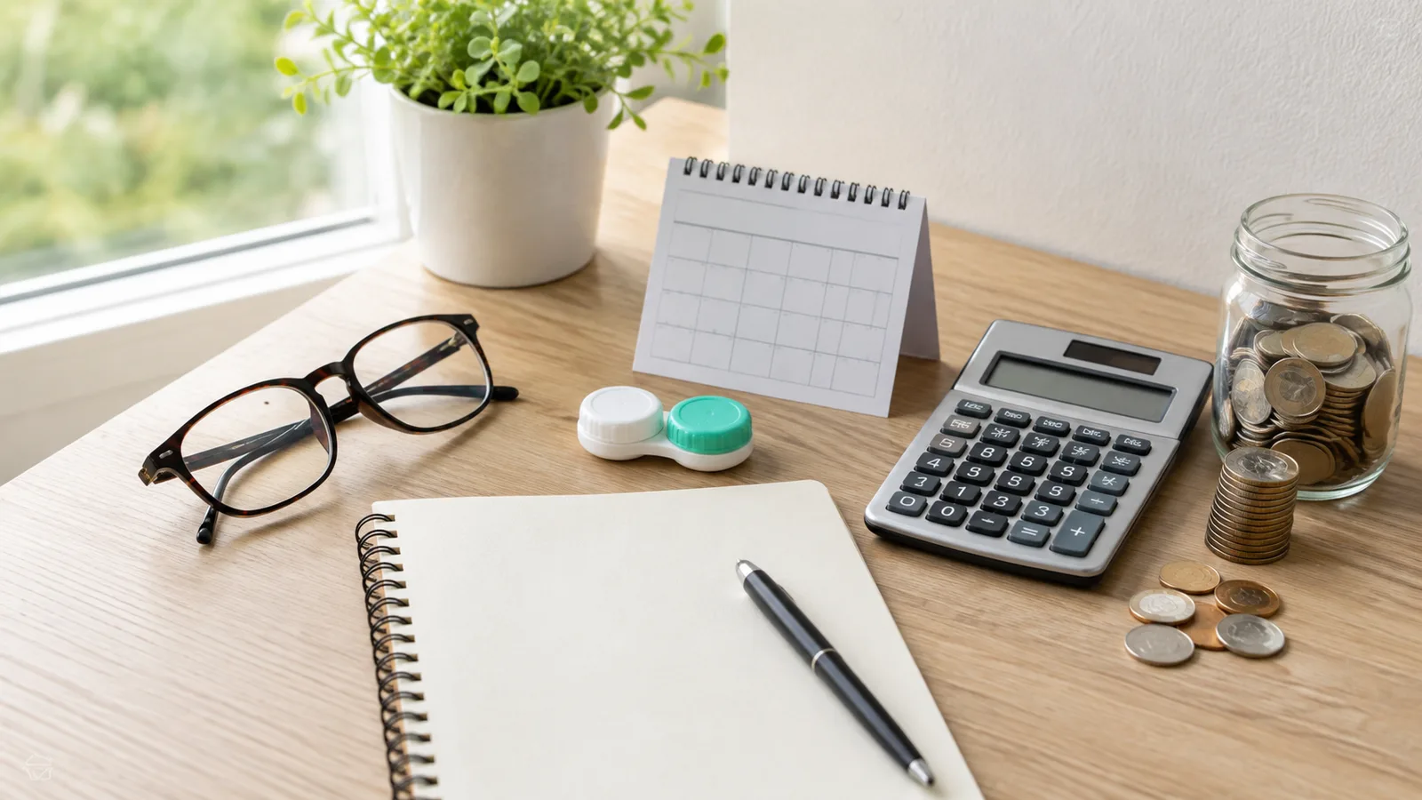 Eyeglasses, contact lens case, calculator, blank notebook, pen, calendar, and coins arranged on a bright desk