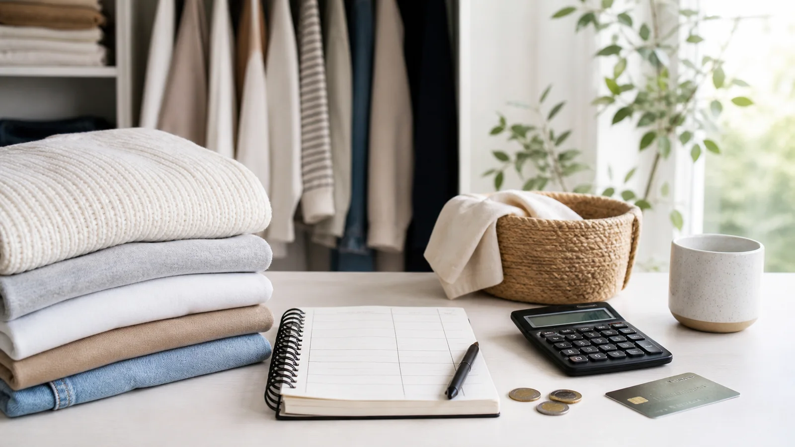 Folded clothes, a blank budget notebook, calculator, coins, and a debit card on a bright desk near a closet