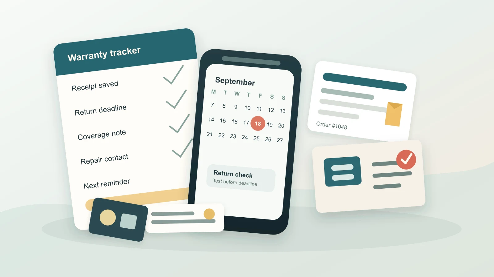 Desk with receipts, warranty cards, calendar reminders, a phone, and small electronics arranged for a warranty review