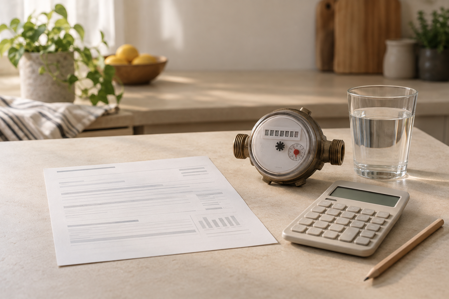 Blank utility statement, analog water meter, calculator, pencil, and glass of water on a kitchen table