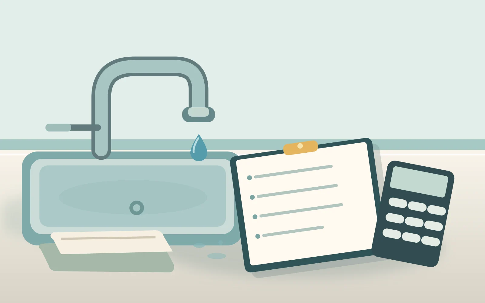 Illustration of a dripping kitchen faucet beside a checklist clipboard, calculator, and folded towel