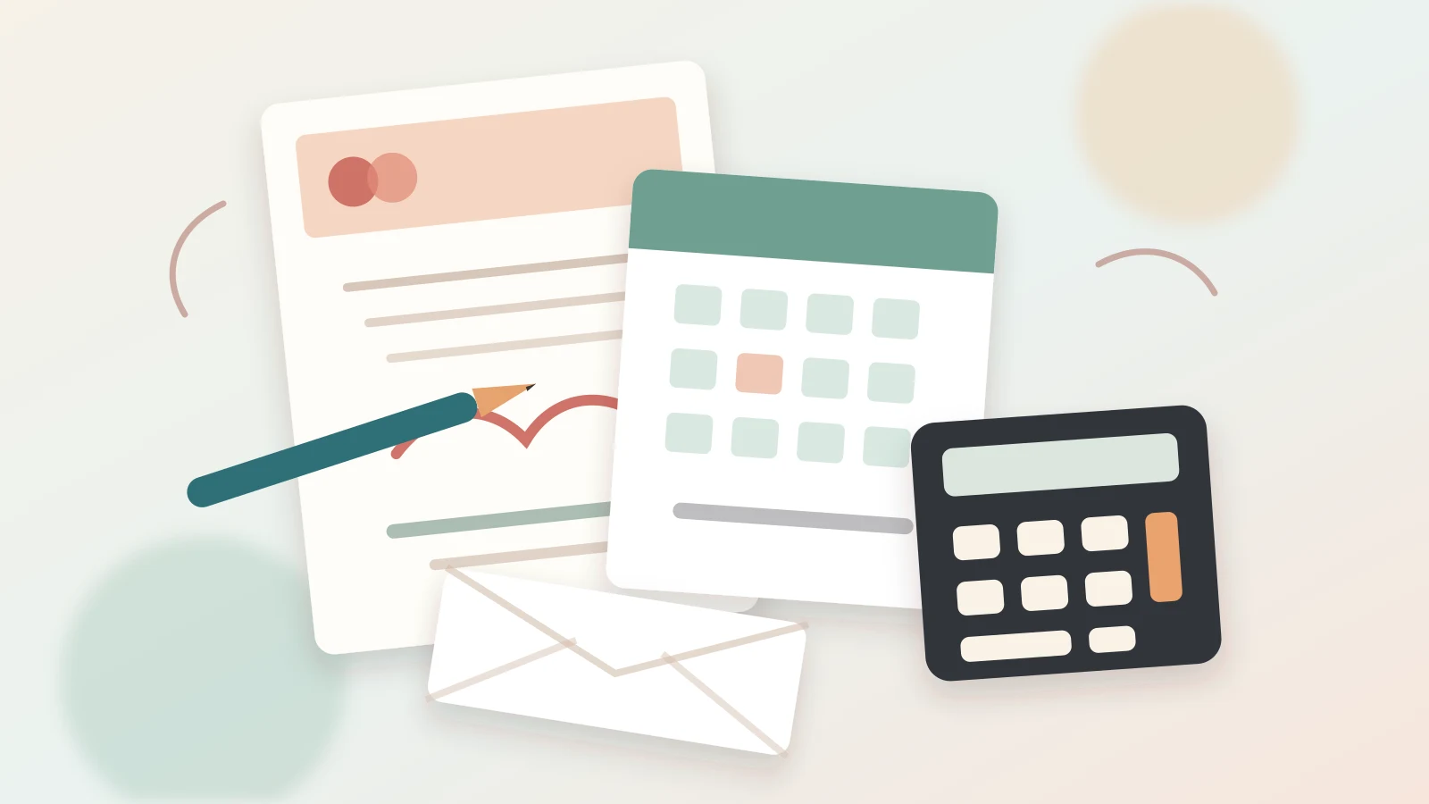 Wedding invitation, calendar, calculator, and travel notes arranged on a bright desk