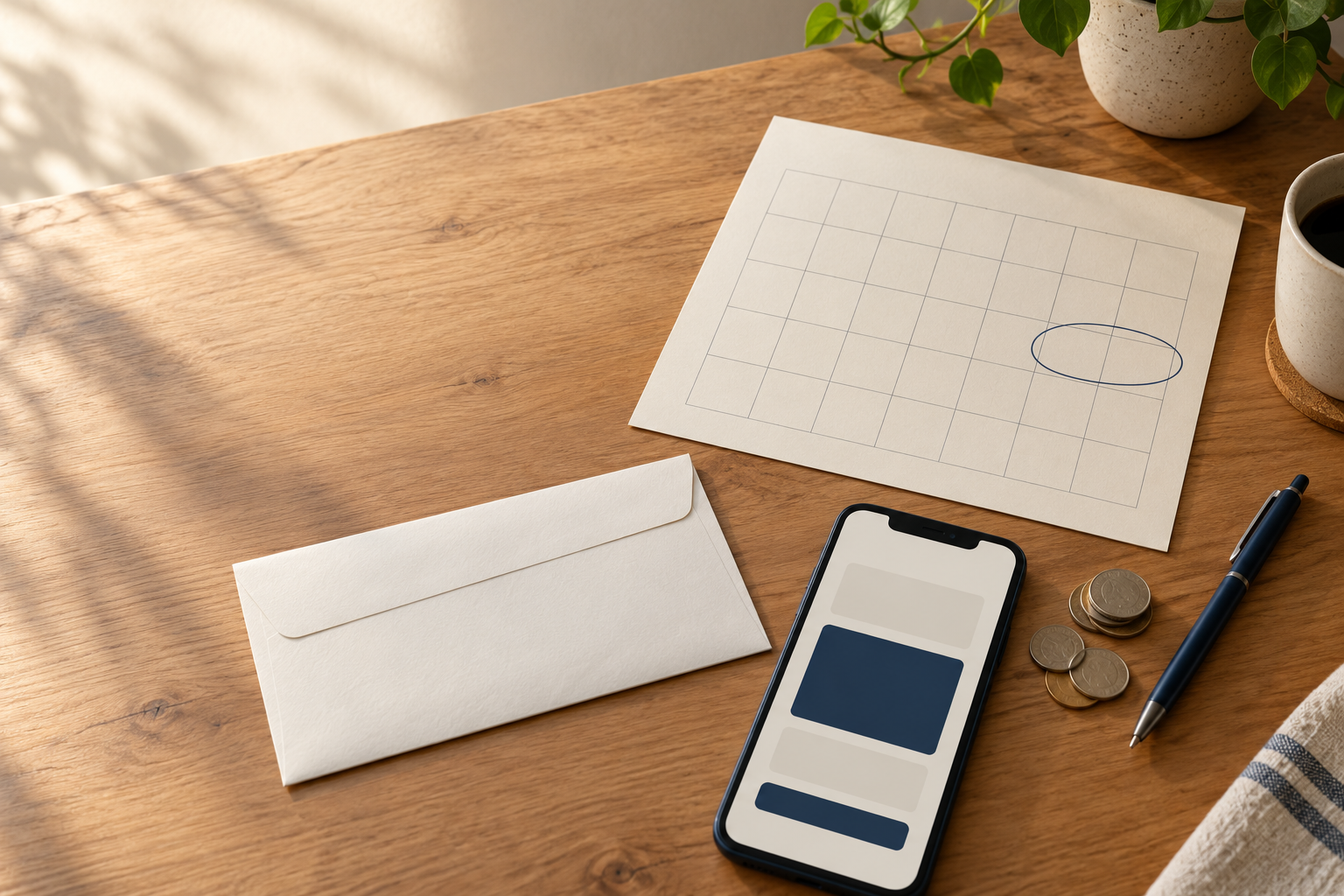 Blank calendar with two circled date squares beside an unlabeled envelope, phone, pen, and coins on a desk