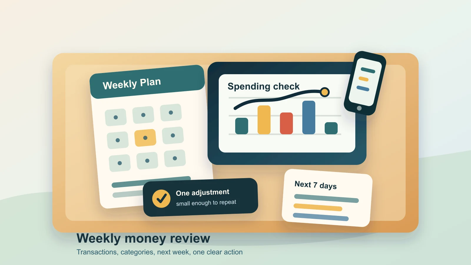 A tidy desk with a weekly calendar, notebook, calculator, and spending chart for a budget review