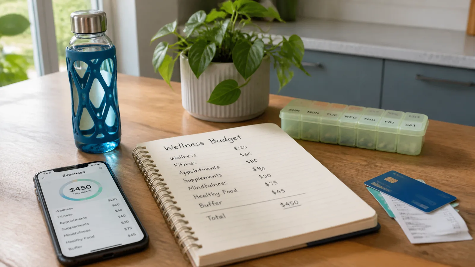 Notebook with wellness budget categories beside a phone, water bottle, payment cards, and small household health items on a bright desk