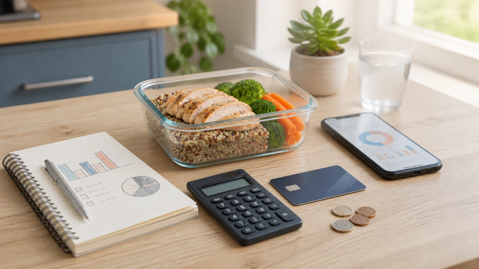 Reusable work lunch container beside a budget notebook, calculator, debit card, coins, and phone spending chart on a bright desk