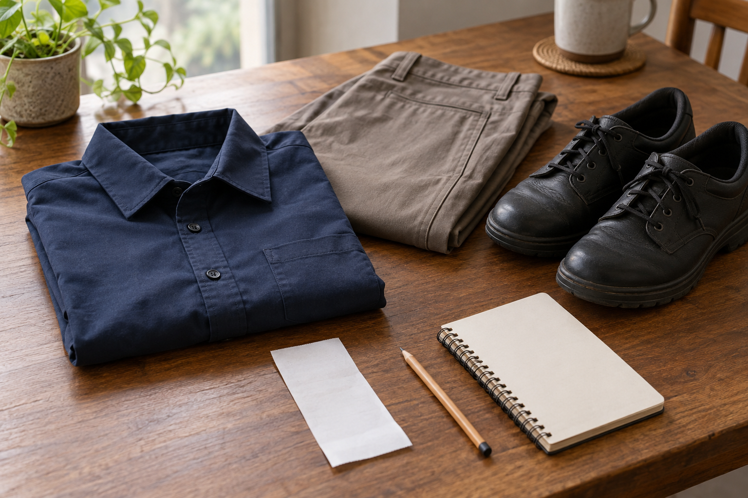 Folded navy work shirt and trousers beside black work shoes, a blank receipt, pencil, and notebook on a wooden table